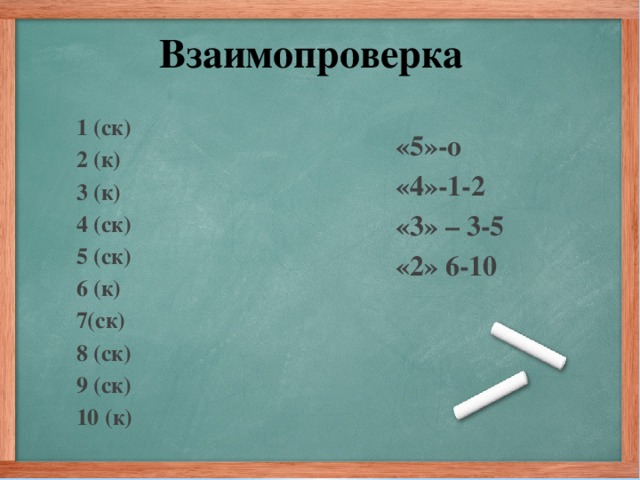 Взаимопроверка 1 (ск) 2 (к) 3 (к) 4 (ск) 5 (ск) 6 (к) 7(ск) 8 (ск) 9 (ск) 10 (к) «5»-о «4»-1-2 «3» – 3-5 «2» 6-10