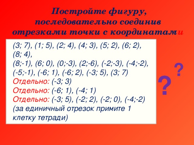 Постройте фигуру, последовательно соединив отрезками точки с координатам и (3; 7), (1; 5), (2; 4), (4; 3), (5; 2), (6; 2), (8; 4),  (8;-1), (6; 0), (0;-3), (2;-6), (-2;-3), (-4;-2), (-5;-1), (-6; 1), (-6; 2), (-3; 5), (3; 7)  Отдельно: (-3; 3)  Отдельно: (-6; 1), (-4; 1)  Отдельно: (-3; 5), (-2; 2), (-2; 0), (-4;-2)  (за единичный отрезок примите 1 клетку тетради) ? ?