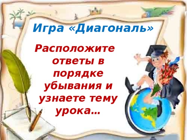 Игра «Диагональ» Расположите ответы в порядке убывания и узнаете тему урока…