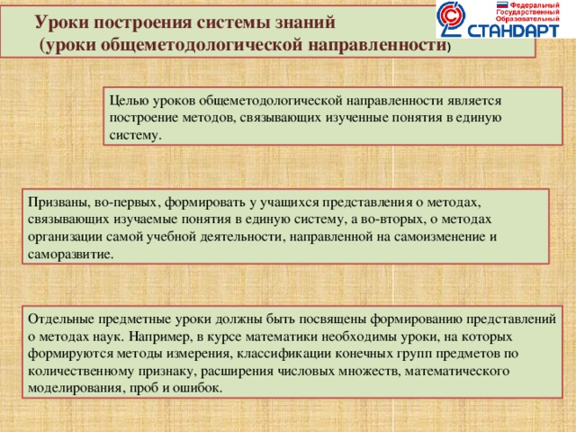 Уроки построения системы знаний  (уроки общеметодологической направленности ) Целью уроков общеметодологической направленности является построение методов, связывающих изученные понятия в единую систему. Призваны, во-первых, формировать у учащихся представления о методах, связывающих изучаемые понятия в единую систему, а во-вторых, о методах организации самой учебной деятельности, направленной на самоизменение и саморазвитие. Отдельные предметные уроки должны быть посвящены формированию представлений о методах наук. Например, в курсе математики необходимы уроки, на которых формируются методы измерения, классификации конечных групп предметов по количественному признаку, расширения числовых множеств, математического моделирования, проб и ошибок.