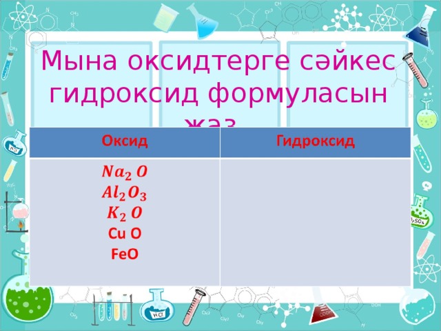 Мына оксидтерге сәйкес гидроксид формуласын жаз.