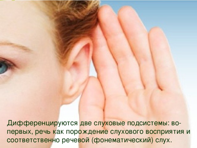 Дифференцируются две слуховые подсистемы: во-первых, речь как порождение слухового восприятия и соответственно речевой (фонематический) слух.
