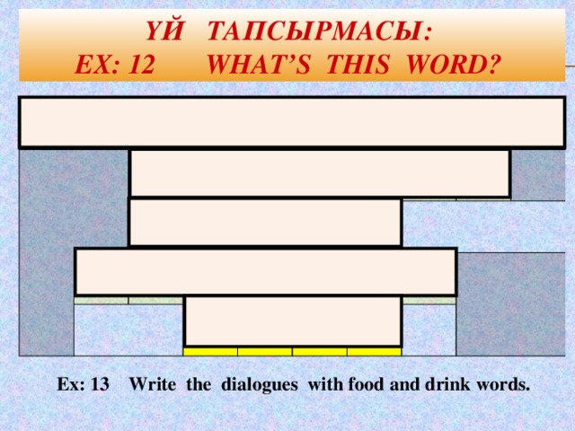 Үй тапсырмасы:  Ex: 12 What’s this word? S A O B P Z Z A C E E S S K S Ex: 13 Write the dialogues with food and drink words.