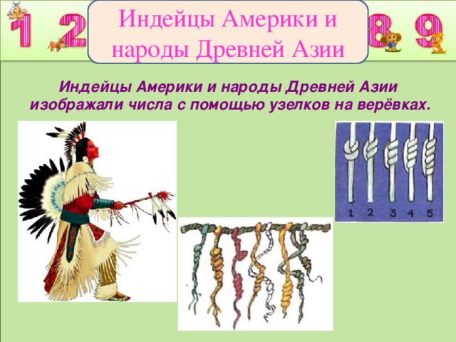 Индейцы Америки и народы Древней Азии Индейцы Америки и народы Древней Азии изображали числа с помощью узелков на верёвках.