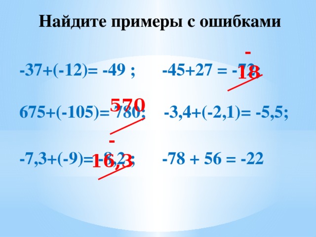 Найдите примеры с ошибками   -18 -37+(-12)= -49 ; -45+27 =  -72; 675+(-105)= 780; -3,4+(-2,1)= -5,5; -7,3+(-9)= -8,2 ; -78 + 56 = -22 570 -16,3