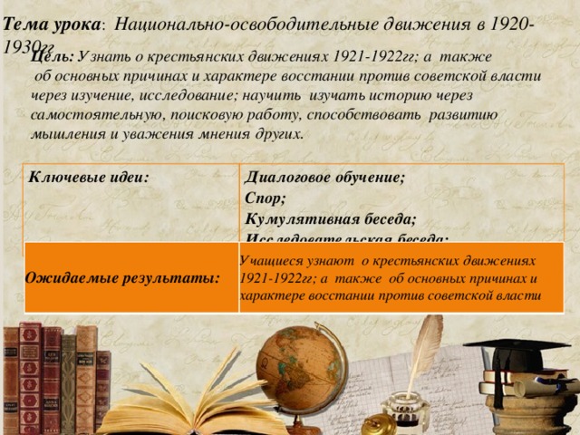 Тема урока :  Национально-освободительные движения в 1920-1930гг Цель: Узнать о крестьянских движениях 1921-1922гг; а также  об основных причинах и характере восстании против советской власти через изучение, исследование; научить изучать историю через самостоятельную, поисковую работу, способствовать развитию мышления и уважения мнения других. Ключевые идеи:    Диалоговое обучение; Спор;  Кумулятивная беседа; Исследовательская беседа; Ожидаемые результаты:  Учащиеся узнают о крестьянских движениях 1921-1922гг; а также об основных причинах и характере восстании против советской власти