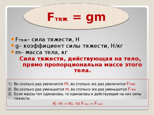 F тяж = gm F тяж – сила тяжести, Н  g– коэффициент силы тяжести, Н/кг  m– масса тела, кг  Сила тяжести, действующая на тело, прямо пропорциональна массе этого тела.