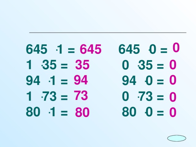 0 645  ּ  1  =   1  ּ  35 =   94  ּ  1  =   1  ּ  73 =  80  ּ  1 = 645  ּ  0 =    0  ּ  35 =    94  ּ  0 =    0  ּ  73 =   80  ּ  0 = 645 35 0 94 0 73 0 80 0