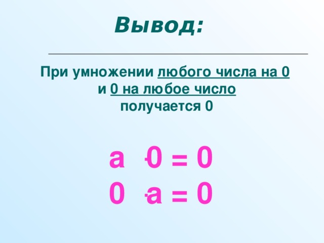 Вывод: При умножении любого числа на 0  и 0 на любое число  получается 0  а  ּ  0 = 0  0  ּ  а = 0