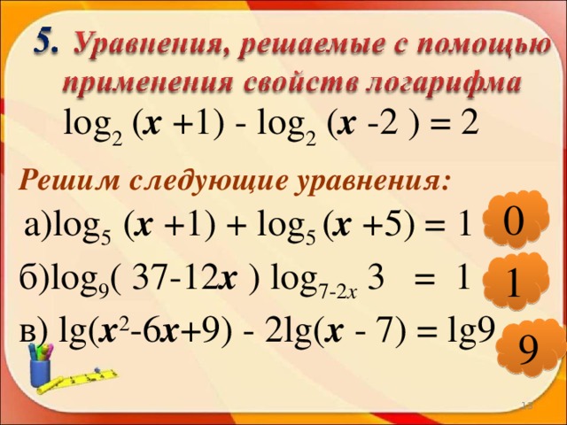 log 2 ( х +1) - log 2 ( х -2 ) = 2 Решим следующие уравнения: 0 а) l og 5  ( х +1) + log 5 ( х +5) = 1 б)log 9 ( 37-12 х ) log 7-2 х 3 = 1 1 в) lg( х 2 -6 х +9) - 2lg( х - 7) = lg9 9