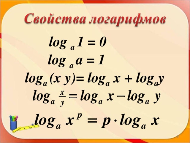 log a 1 = 0 log a a = 1 log a (x y)= log a x + log a y