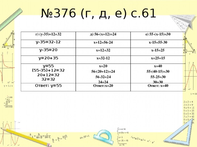 № 376 (г, д, е) с. 6 1 г) (у-35)+12=32 д) 56-( x+12 ) =24 у-35=32-12 е) 55-( x-15 ) =30 x+12=56-24 у-35=20 x+12=32 x-15=55-30 у=20+35 у=55 (55-35)+12=32 20+12=32 32=32 x-15=25 x=32-12 x=20 56-(20+12)=24 56-32=24 24=24 x=25+15 Ответ: у=55 x=40 55-(40-15)=30 55-25=30 30=30 Ответ: x=20 Ответ: x=40