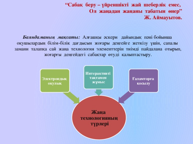 “ Сабақ беру – үйреншікті жай шеберлік емес, Ол жаңадан жаңаны табатын өнер” Ж. Аймауытов. Баяндаманың мақсаты: Алғашқы әскери дайындық пәні бойынша оқушылардың білім-білік дағдысын жоғары деңгейге жеткізу үшін, сапалы замани талапқа сай жаңа технология элементтерін тиімді пайдалана отырып, жоғарғы деңгейдегі сабақтар өтуді қалыптастыру. Интерактивті тақтамен жұмыс Электрондық оқулық Ғаламторға қосылу Жаңа технологияның түрлері