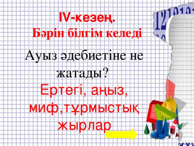 I V -кезең. Бәрін білгім келеді Ауыз әдебиетіне не жатады? Ертегі, аңыз, миф,тұрмыстық жырлар