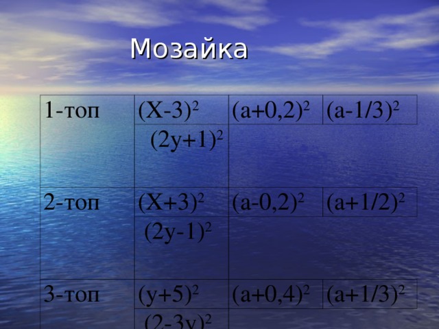 Мозайка 1-топ (Х-3) 2  (2у+1) 2  (а+0,2) 2 2-топ (а-1/3) 2   (Х+3) 2  (2у-1) 2  3-топ (а-0,2) 2   (а+1/2) 2 (у+5) 2  (2-3у) 2  (а+0,4) 2 (а+1/3) 2  