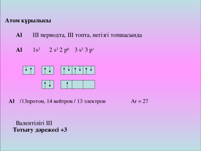 Атом құрылысы    Аl ІІІ периодта, ІІІ топта, негізгі топшасында    Аl 1s 2 2 s 2 2 p 6 3 s 2 3 p 1          Al /13 протон,  14 нейтрон  / 13 электрон Ar = 27  Валентілігі ІІІ     Тотығу дәрежесі +3