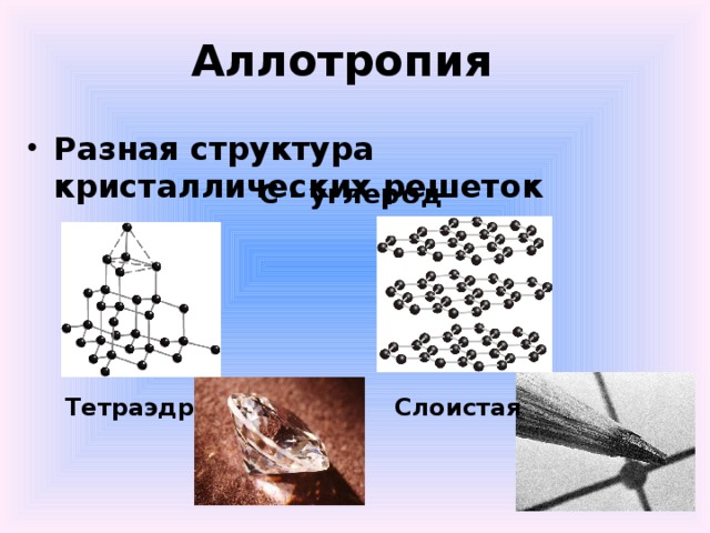 Аллотропия Разная структура кристаллических решеток С - углерод Тетраэдр Слоистая