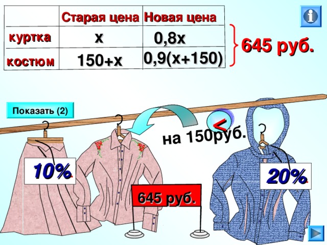 на 150руб. Новая цена Старая цена х 0,8х куртка 645 руб. 0,9(х+150) 150+х костюм Показать (2) Ш.А. Алимов. Алгебра 7 класс. №1 1 3 ( 1 )  10% . 20% .  645 руб.  18