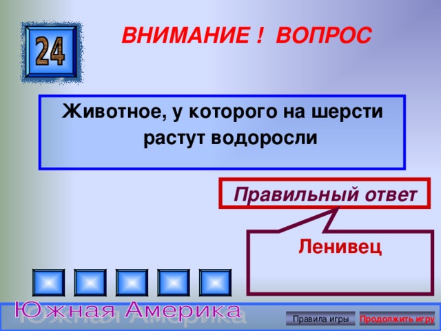 Ленивец ВНИМАНИЕ ! ВОПРОС Животное, у которого на шерсти растут водоросли Правильный ответ Правила игры Продолжить игру