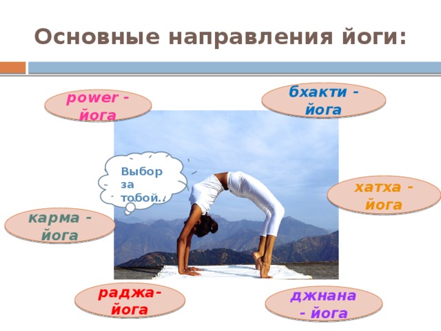 Основные направления йоги:  бхакти - йога power - йога Выбор за тобой.. хатха - йога карма - йога раджа-йога джнана - йога