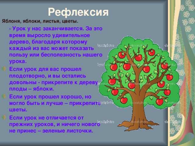 Рефлексия  Яблоня, яблоки, листья, цветы.  - Урок у нас заканчивается. За это время выросло удивительное дерево, благодаря которому каждый из вас может показать пользу или бесполезность нашего урока.