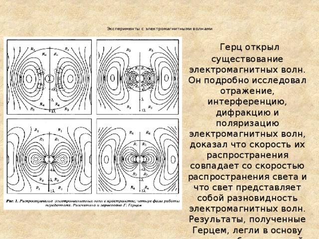 Эксперименты с электромагнитными волнами     Герц открыл существование электромагнитных волн. Он подробно исследовал отражение, интерференцию, дифракцию и поляризацию электромагнитных волн, доказал что скорость их распространения совпадает со скоростью распространения света и что свет представляет собой разновидность электромагнитных волн. Результаты, полученные Герцем, легли в основу развития беспроводной телеграфии и радио.