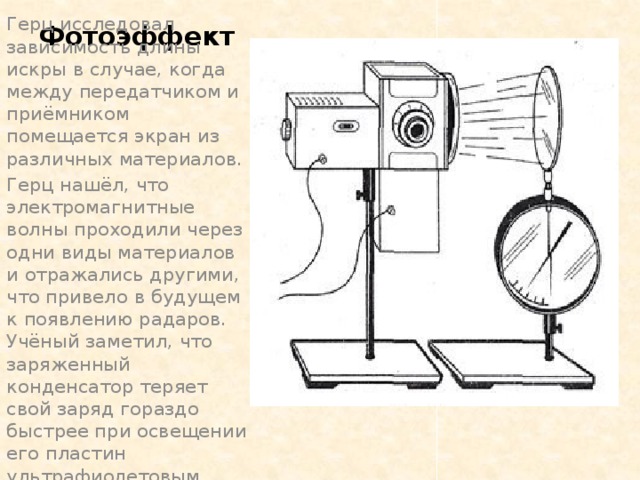 Фотоэффект Герц исследовал зависимость длины искры в случае, когда между передатчиком и приёмником помещается экран из различных материалов. Герц нашёл, что электромагнитные волны проходили через одни виды материалов и отражались другими, что привело в будущем к появлению радаров. Учёный заметил, что заряженный конденсатор теряет свой заряд гораздо быстрее при освещении его пластин ультрафиолетовым излучением.