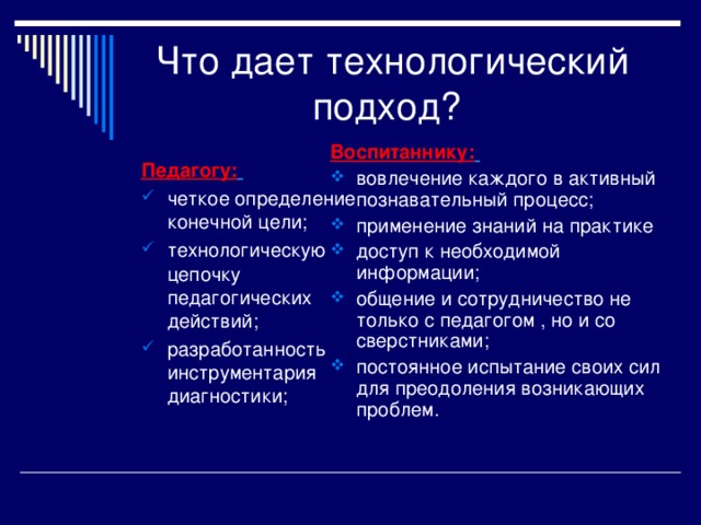 Что дает технологический подход? Воспитаннику:  вовлечение каждого в активный познавательный процесс; применение знаний на практике доступ к необходимой информации; общение и сотрудничество не только с педагогом , но и со сверстниками; постоянное испытание своих сил для преодоления возникающих проблем. Педагогу: