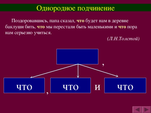 Однородное подчинение  Поздоровавшись, папа сказал, что будет нам в деревне баклуши бить, что мы перестали быть маленькими и что пора нам серьезно учиться.              (Л.Н.Толстой) , что что что и ,