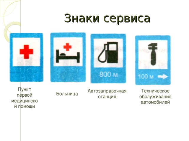Знаки сервиса Пункт первой медицинской помощи Автозаправочная станция Техническое обслуживание автомобилей Больница