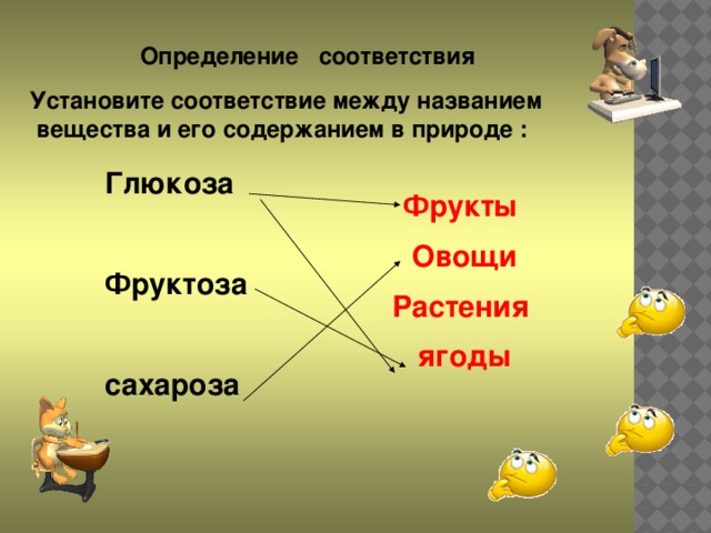 Определение соответствия Установите соответствие между названием вещества и его содержанием в природе : Глюкоза  Фруктоза  сахароза Фрукты Овощи Растения ягоды