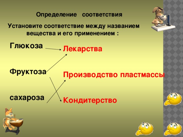 Определение соответствия Установите соответствие между названием вещества и его применением : Глюкоза  Фруктоза  сахароза Лекарства  Производство пластмассы  Кондитерство