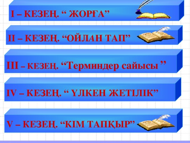 І – КЕЗЕҢ. “ ЖОРҒА” ІІ – КЕЗЕҢ. “ОЙЛ А Н ТАП” І II – КЕЗЕҢ . “Терминдер сайысы  ”  І V – КЕЗЕҢ. “ ҮЛКЕН ЖЕТІЛІК” V – КЕЗЕҢ. “КІМ ТАПҚЫР”