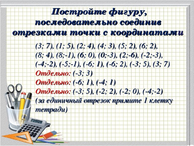 Постройте фигуру, последовательно соединив отрезками точки с координатам и   (3; 7), (1; 5), (2; 4), (4; 3), (5; 2), (6; 2), (8; 4), (8;-1), (6; 0), (0;-3), (2;-6), (-2;-3), (-4;-2), (-5;-1), (-6; 1), (-6; 2), (-3; 5), (3; 7)  Отдельно: (-3; 3)  Отдельно: (-6; 1), (-4; 1)  Отдельно: (-3; 5), (-2; 2), (-2; 0), (-4;-2)  (за единичный отрезок примите 1 клетку тетради)
