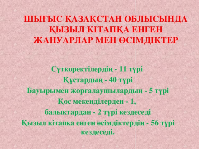 Шығыс Қазақстан облысында қызыл кітапқа енген жануарлар мен өсімдіктер      Сүтқоректілердің - 11 түрі Құстардың - 40 түрі Бауырымен жорғалаушылардың - 5 түрі Қос мекенділерден - 1, балықтардан - 2 түрі кездеседі Қызыл кітапқа енген өсімдіктердің - 56 түрі кездеседі.