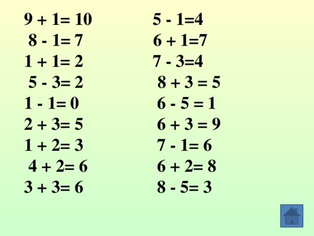 9 + 1= 10 5 - 1=4  8 - 1= 7 6 + 1=7 1 + 1= 2 7 - 3=4  5 - 3= 2 8 + 3 = 5 1 - 1= 0 6 - 5 = 1 2 + 3= 5 6 + 3 = 9 1 + 2= 3 7 - 1= 6  4 + 2= 6 6 + 2= 8 3 + 3= 6 8 - 5= 3