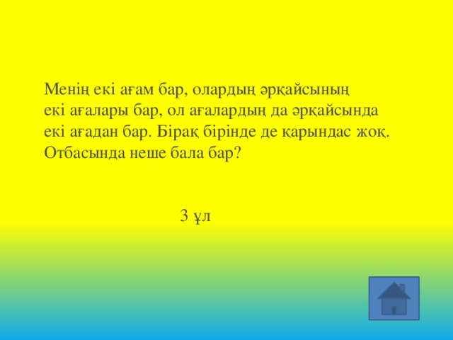 Менің екі ағам бар, олардың әрқайсының екі ағалары бар, ол ағалардың да әрқайсында екі ағадан бар. Бірақ бірінде де қарындас жоқ. Отбасында неше бала бар?           3 ұл 