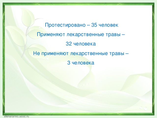 Протестировано – 35 человек Применяют лекарственные травы – 32 человека Не применяют лекарственные травы – 3 человека