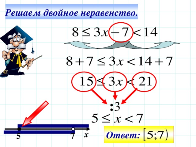 Решаем двойное неравенство. Все действия на слайде – последовательно щелчком мышки. : 3 Ответ: х  5 7 20