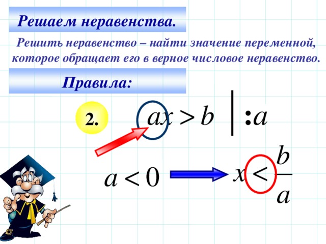 Решаем неравенства. Решить неравенство – найти значение переменной, которое обращает его в верное числовое неравенство. Правила: : а 2. Все действия на слайде – последовательно щелчком мышки. 8