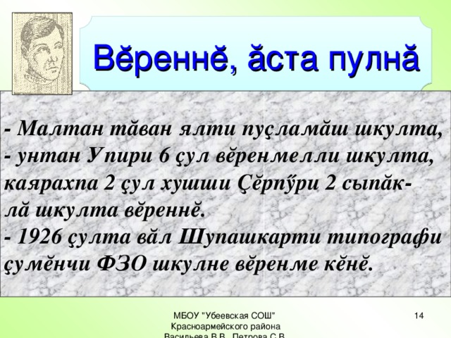 Вĕреннĕ, ăста пулнă - Малтан тăван ялти пуҫламăш шкулта, - унтан Упири 6 ҫул вĕренмелли шкулта, каярахпа 2 ҫул хушши Ҫĕрпӳри 2 сыпăк- лă шкулта вĕреннĕ. - 1926 ҫулта вăл Шупашкарти типографи ҫумĕнчи ФЗО шкулне вĕренме кĕнĕ. МБОУ 