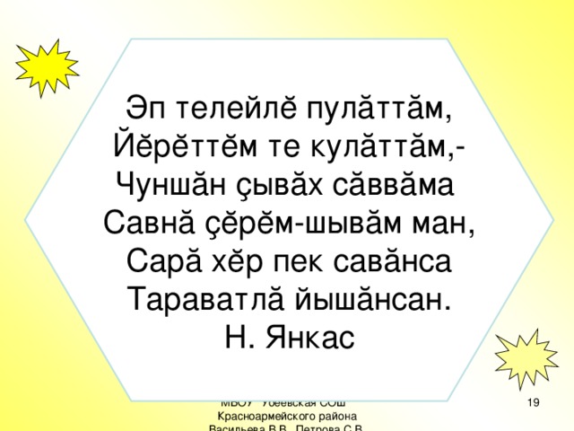 Эп телейлĕ пулăттăм, Йĕрĕттĕм те кулăттăм,- Чуншăн ҫывăх сăввăма Савнă ҫĕрĕм-шывăм ман, Сарă хĕр пек савăнса Тараватлă йышăнсан. Н. Янкас МБОУ 