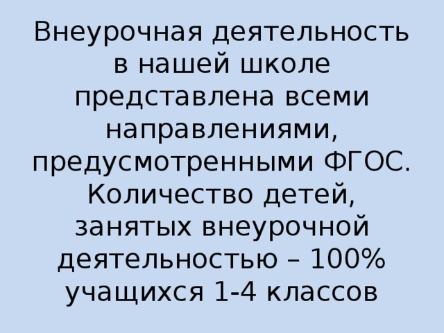 Внеурочная деятельность в нашей школе представлена всеми направлениями, предусмотренными ФГОС. Количество детей, занятых внеурочной деятельностью – 100% учащихся 1-4 классов