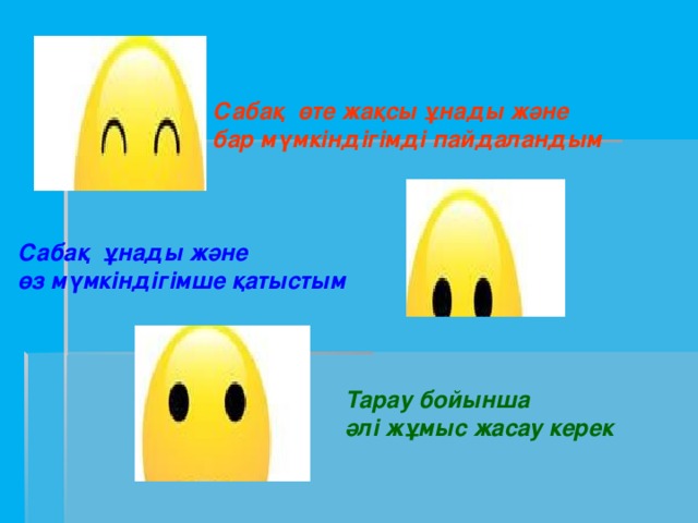 Сабақ өте жақсы ұнады және бар мүмкіндігімді пайдаландым Сабақ ұнады және өз мүмкіндігімше қатыстым  Тарау бойынша әлі жұмыс жасау керек