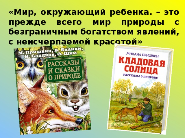 «Мир, окружающий ребенка. – это прежде всего мир природы с безграничным богатством явлений, с неисчерпаемой красотой»