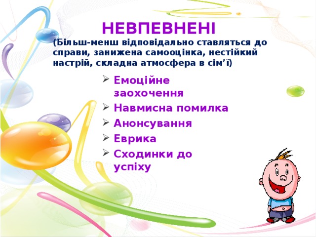 Невпевнені (Більш-менш відповідально ставляться до справи, занижена самооцінка, нестійкий настрій, складна атмосфера в сім’ї)