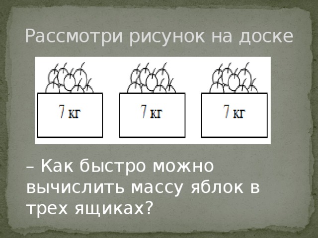 Рассмотри рисунок на доске – Как быстро можно вычислить массу яблок в трех ящиках?