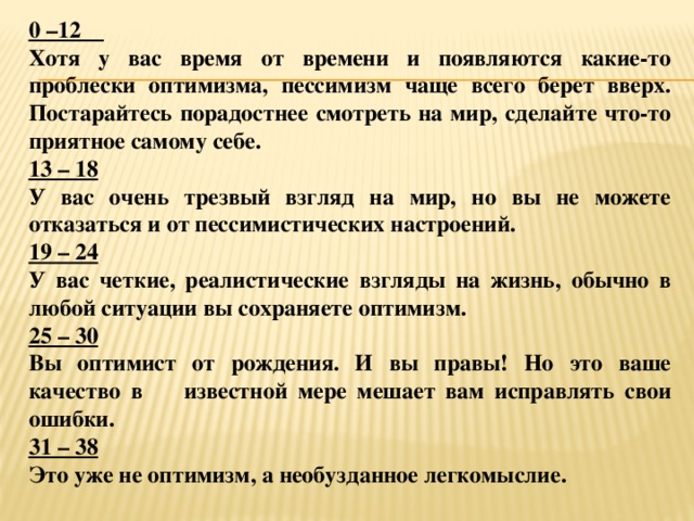 0 –12 Хотя у вас время от времени и появляются какие-то проблески оптимизма, пессимизм чаще всего берет вверх. Постарайтесь порадостнее смотреть на мир, сделайте что-то приятное самому себе. 13 – 18 У вас очень трезвый взгляд на мир, но вы не можете отказаться и от пессимистических настроений. 19 – 24 У вас четкие, реалистические взгляды на жизнь, обычно в любой ситуации вы сохраняете оптимизм. 25 – 30 Вы оптимист от рождения. И вы правы! Но это ваше качество в известной мере мешает вам исправлять свои ошибки. 31 – 38 Это уже не оптимизм, а необузданное легкомыслие.