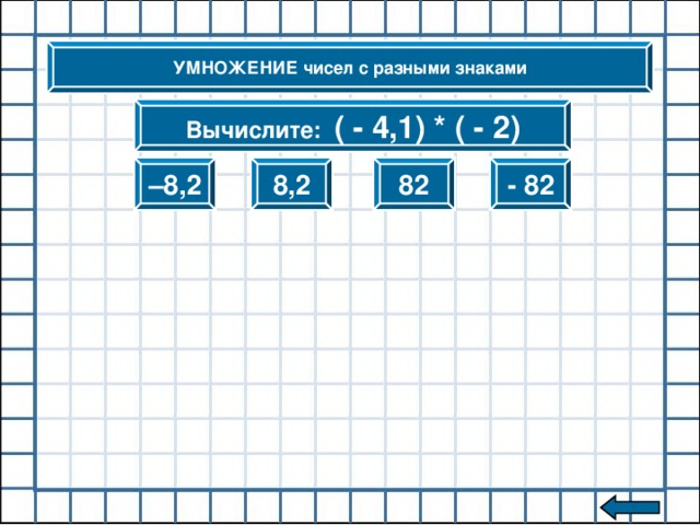 УМНОЖЕНИЕ чисел с разными знаками Вычислите: – 1,3 · 2 2,6 1,32 – 2,3 – 2,6