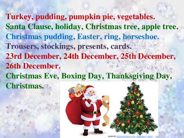 Turkey, pudding, pumpkin pie, vegetables.  Santa Clause, holiday, Christmas tree, apple tree.   Christmas pudding, Easter, ring, horseshoe.   Trousers, stockings, presents, cards.   23rd December, 24th December, 25th December, 26th December.   Christmas Eve, Boxing Day, Thanksgiving Day, Christmas.